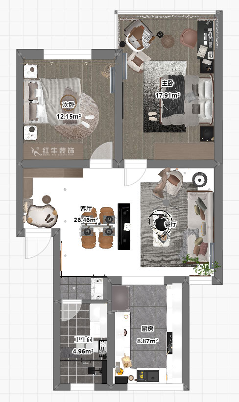 吴波｜康居新寓6-602-90㎡-现代风格｜2室2厅2卫｜旧房装修｜定制家｜全包12万｜00_03平面彩图